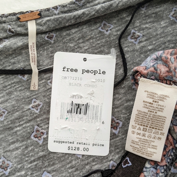 Free People Top Fringed Macrame Front Tie V-Neck Long Sleeve Black Multi L NWT - Picture 16 of 16